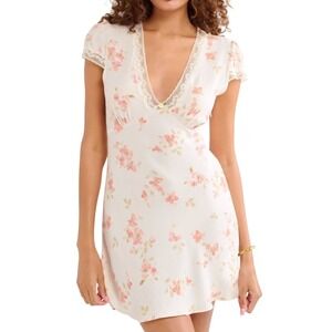 Rumored Essex Mini Dress Whisper Floral Lace Trim V-Neck Cream Pink Large NWT